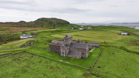 Iona-Abbey-and-Nunnery,-Medieval-Building-and-Landmark-of-Scotland-UK,-Drone-Aerial-View
