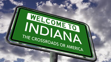 Willkommen-In-Indiana,-US-Staatsstraßenschild,-Slogan-„The-Crossroads-Of-America“,-Realistische-3D-Animation