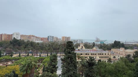 Malaga-Spain-town-hall-and-marina-green-space-and-buildings-of-city-Spain