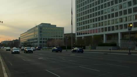 An-early-sunrise-shot-of-Independence-avenue,-the-Federal-Aviation-Administration,-and-the-National-Air-and-Space-Museum