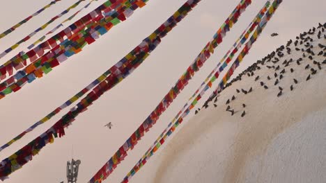 Close-shot-of-prayer-flags-and-pigeons,-Boudhanath-Temple,-Kathmandu,-Nepal