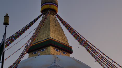 Medium-shot-low-view-of-the-central-Stupa-in-Boudhanath-Temple,-Kathmandu,-Nepal