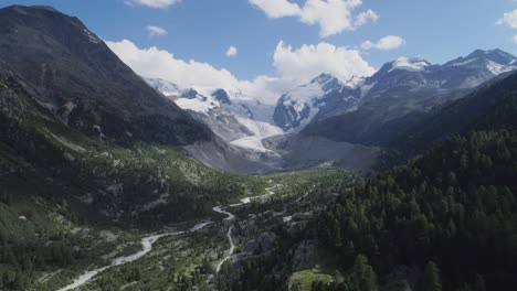 Luftaufnahme-Eines-Gebirgstals-Mit-Wäldern-Und-Einem-Fluss-Und-Einem-Gletscher-Im-Hintergrund