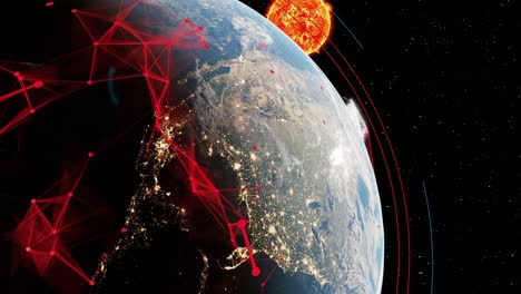 Animación-En-3D-Del-Planeta-Tierra-Girando-El-Globo-Desde-El-Espacio-Negro-Con-Conexión-Wifi-De-Contaminación-Electromagnética-En-El-Sol-De-La-Gran-Ciudad-Metropolitana-Principal-En-El-Fondo