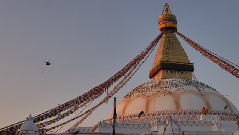 Amplia-Toma-En-Cámara-Lenta-De-Palomas-Volando-Alrededor-De-La-Estupa-Central,-Templo-Boudhanath,-Katmandú,-Nepal