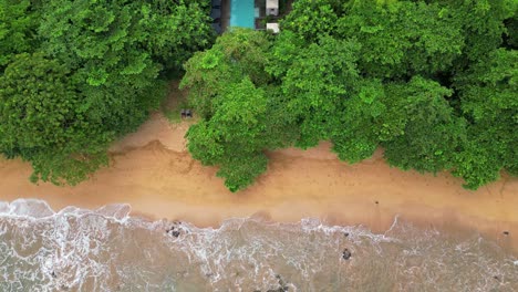 From-above-the-waves-breaking-on-sand-,-with-a-pool-surronded-by-green-forest-at-a-luxury-eco-resort-in-Prince-Island,Sao-Tome,Africa
