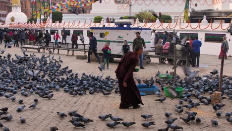 A-Buddhist-Monk-feeding-pigeons-on-the-outer-section-of-Boudhanath-Temple,-Kathmandu,-Nepal