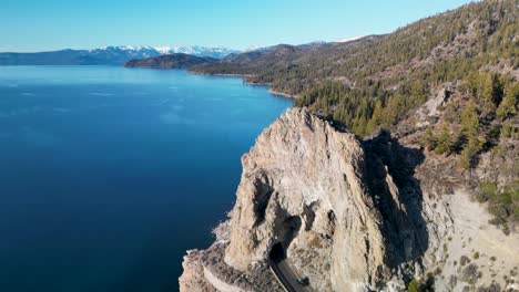 Aerial-view-of-Cave-Rock-coastline,-Lake-Tahoe,-California