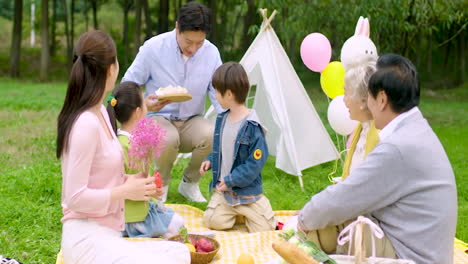 Familia-Feliz-De-Varias-Generaciones-Haciendo-Un-Picnic-Pasatiempo-Juntos-Equipo