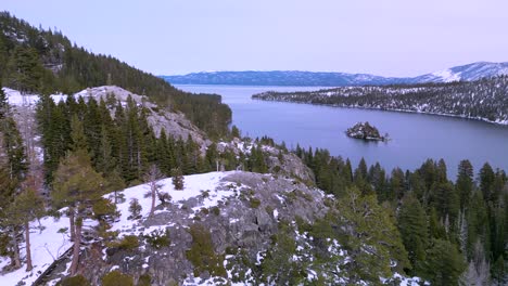 Aerial-view-of-Emerald-Bay-lookout-rock-scenic-piont-in-winter,-Lake-Tahoe,-California