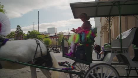 Carruaje-Tirado-Por-Mulas-Pasa-Por-La-Plaza-Jackson-De-Nueva-Orleans-En-El-Exterior-Del-Día-Del-Barrio-Francés