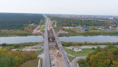 Building-middle-bridge-for-A1-highway-road-in-Lithuania,-aerial-view