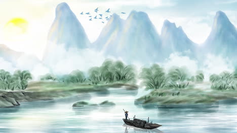 Animación-De-Arte-Digital-Oriental-Tradicional-De-China,-Tinta-De-Pintura-China-En-Montaña-Con-Flores,-árboles,-Pájaros,-Río-En-Obras-De-Arte-De-Fondo-De-Niebla