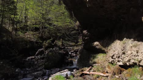 Mountain-River-in-Magical-Forest-with-Water-dropping-From-Cliffs-in-Austria,-Europe