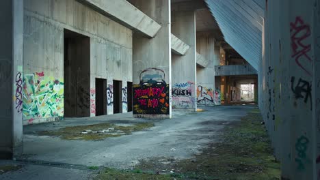 Graffiti-laden-corridor-in-ruins,-Zagreb-Croatia