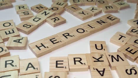 Scrabble-tile-letters-form-word-on-table:-HEROIN-or-HEROINE,-close-up