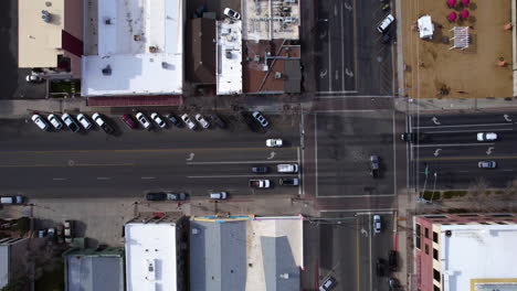 Top-Down-Aerial-View,-Street-Traffic-in-Downtown-Prescott,-Arizona-USA