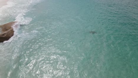 Drone-aerial-pan-down-over-Little-Beach-with-blue-waters-on-cloudy-day