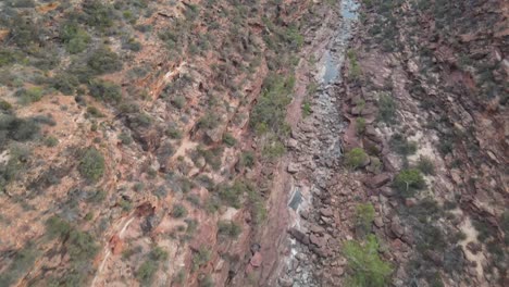 Drohnen-Luftaufnahme-über-Einer-Australischen-Schlucht-Und-Einem-Nationalpark-Mit-Einem-Fluss,-Der-An-Einem-Sonnigen-Tag-Fließt