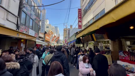 Walking-through-the-crowd-at-the-Tsukiji-Fish-Market,-Tokyo-Japan