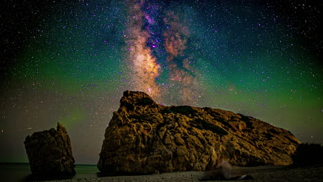 Timelapse-shot-of-a-man-watching-colorful-night-sky-stars-milky-way-along-the-rocky-beach