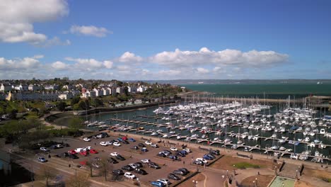 Aerial-overhead-shot-moving-from-left-to-right,-revealing-Bangor-Marina,-Northern-Ireland