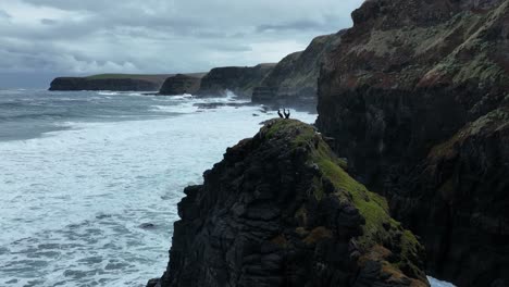 Three-birds-watching-waves-crashing-on-cliffs