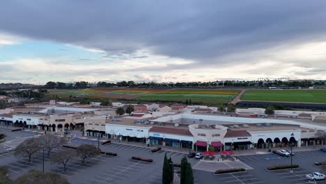 Vuelo-De-Drones-Carlsbad-Premium-Outlets-Que-Cubren-La-Esquina-Suroeste-Moviéndose-Hacia-El-Centro-Del-Centro-Comercial-Campos-De-Flores-Fondo-Floración-Parcial-Rayas-Coloridas-Y-Verde