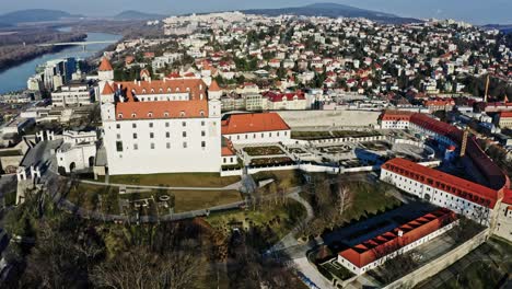 Aerial-done-panoramic-view-of-Bratislava-castle---historical-landmark-of-Slovak-Republic