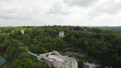 Aerial-view,-with-Kazimierz-Dolny-Castle-in-Poland-in-the-foreground