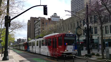 Public-transit-train-leaves-station-platform