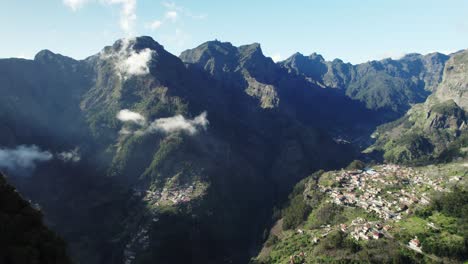 Aerial-of-Curral-das-Freiras,-the-Old-Town-in-Mountain-Valley,-Madeira-4k