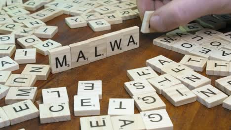 Game-play-on-wooden-table:-Word-MALWARE-made-with-Scrabble-letters