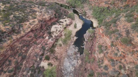 Drone-aerial-over-an-Australian-gorge-and-national-park-with-a-river-flowing-on-a-sunny-day