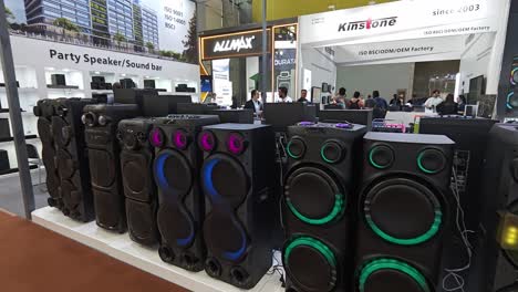 Exhibition-booth-with-consumer-electronics-loud-speakers-at-Canton-import-and-export-fair,-Guangzhou,-China