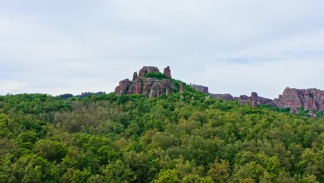 Belogradchik-sandstone-rocky-outcrop-formations-landscape-Bulgaria,-drone-shot