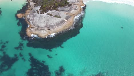 Drone-aerial-moving-down-and-panning-on-Little-Beach-with-bright-blue-water-in-Australia