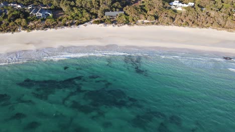Drone-aerial-panning-down-to-a-beautiful-beach-from-a-national-park-full-of-trees