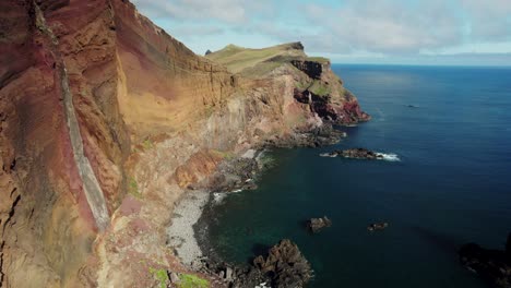 Luftaufnahmen-Einer-Felsigen-Küste,-Hoher-Roter-Klippen,-Ruhigem-Meer-Und-Bewölktem-Himmel