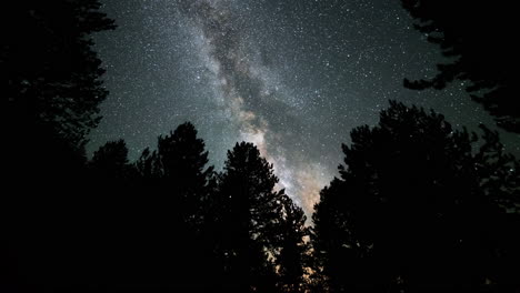 Hermoso-Timelapse-De-La-Vía-Láctea-De-La-Galaxia-Moviéndose-A-Través-Del-Cielo-Nocturno-En-Lo-Profundo-Del-Bosque-Hasta-El-Amanecer-Montaña-Smolikas-Grecia