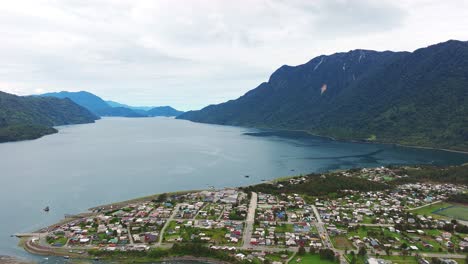 Aerial-View-Hualaihué,-A-Chilean-commune-located-in-Palena-Province,-Los-Lagos-Region-Beside-Fjord-Waterway