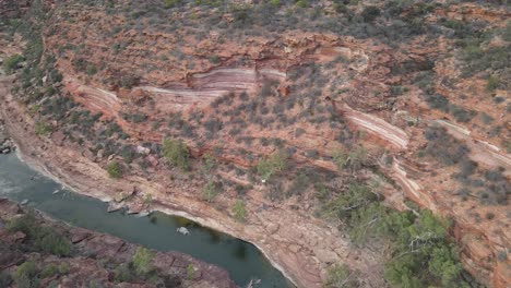 Drone-aerial-panning-over-an-Australian-gorge-and-national-park-with-a-river-flowing-on-a-sunny-day