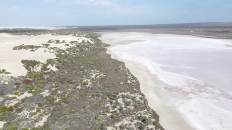 Panorámica-Aérea-De-Drones-Sobre-El-Lago-Rosa-Macdonnell-Y-Dunas-De-Arena-En-El-Sur-De-Australia