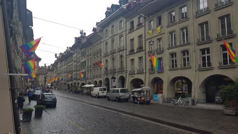 Bern-Switzerland-During-Pride,-LGBTQ+-Rainbow-Flags-on-Downtown-Buildings