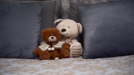 Two-Teddy-Bears-on-the-double,-grey-bed