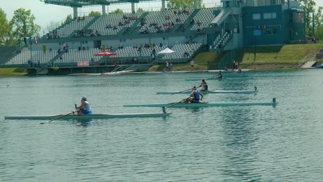 Rowers-in-action-during-a-regatta-at-Jarun-Lake's-rowing-course,-Zagreb-Croatia