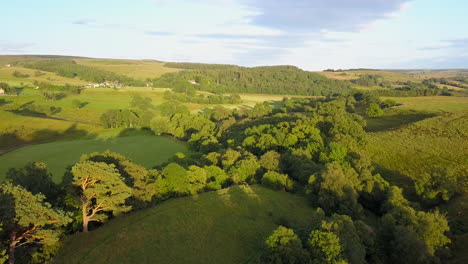 Drone-flies-over-farmland-and-trees-in-Northumberland,-England-at-sunset
