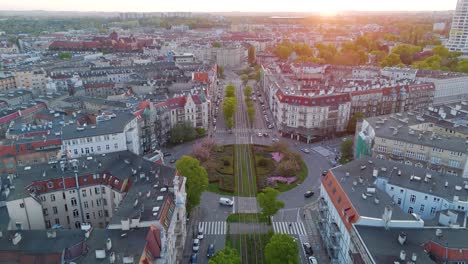 Aerial-view-of-the-city-of-Szczecin-during-sunset,-European-buildings-of-the-city