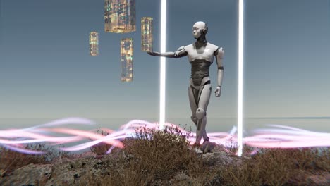 Humanoider-Prototyp-Cyborg-Roboter-Mit-Künstlicher-Intelligenz-Steht-In-Der-Natur-Im-Türportal-Mit-Energiefluss-In-3D-Rendering-Animation