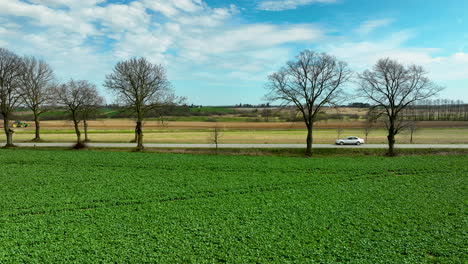 Rural-landscape-with-green-field-in-foreground,-road-with-passing-car,-leafless-trees,-plowed-field-in-background,-blue-sky